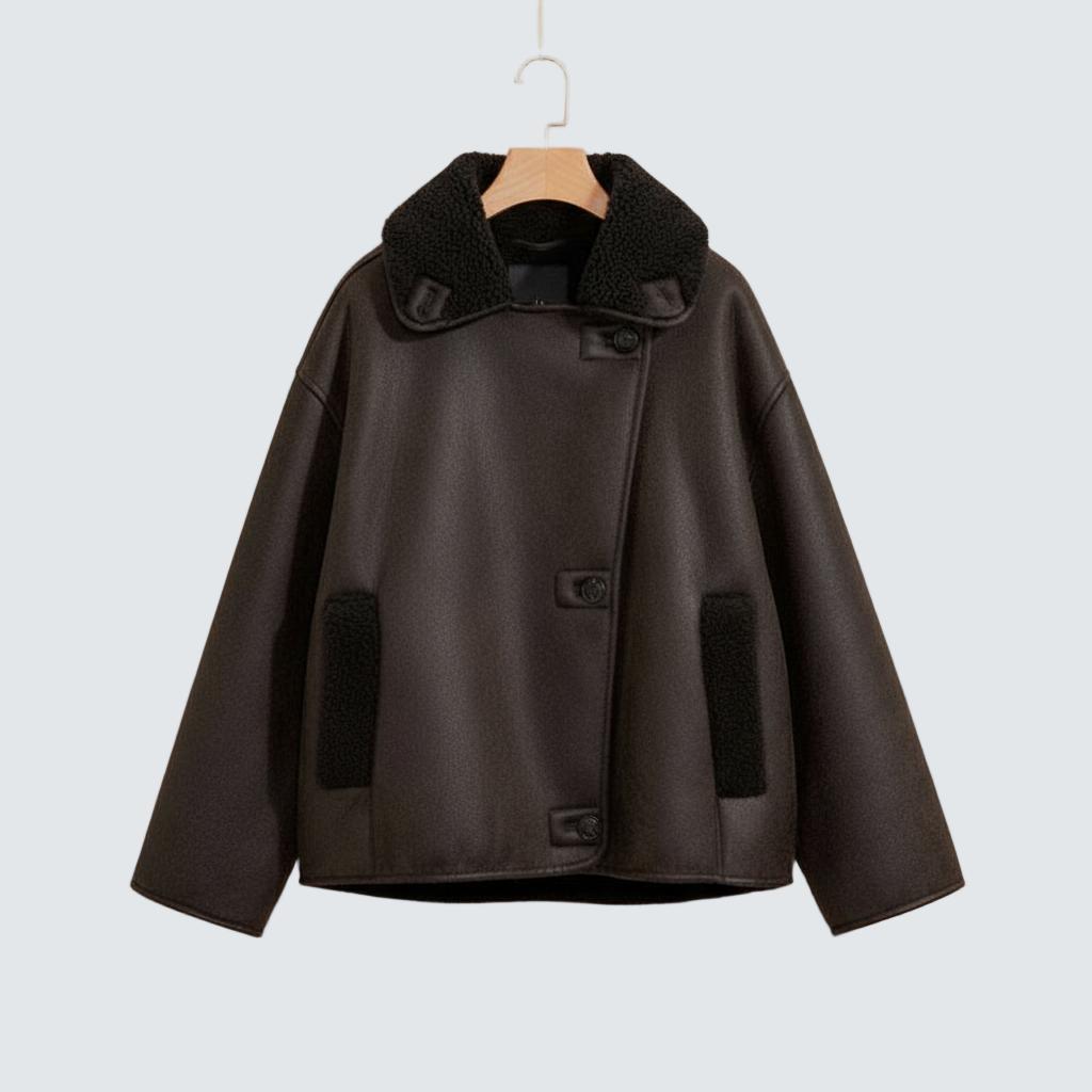 Women’s faux leather jacket with dark shearling collar and button front
