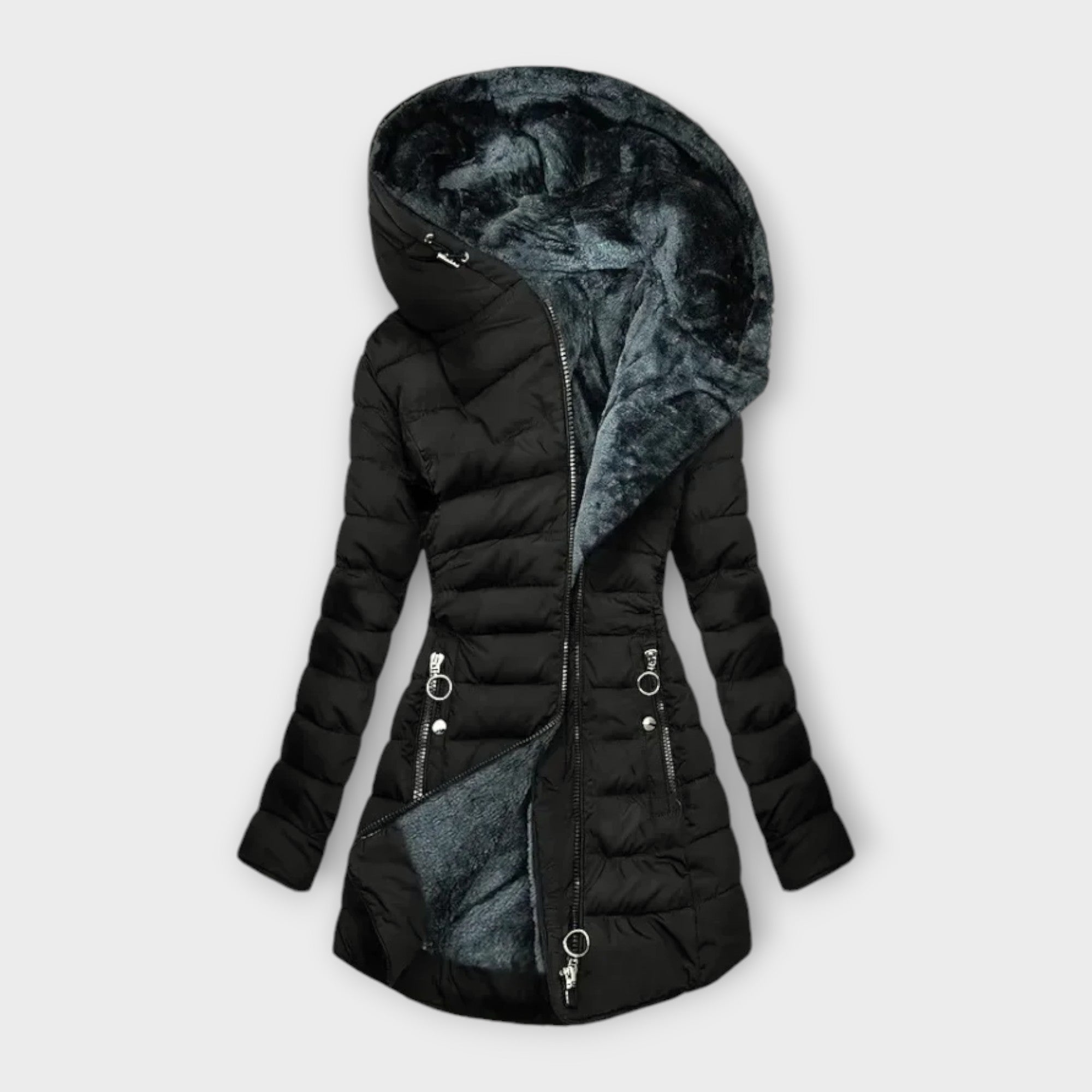 Black quilted hooded jacket with full zipper, contrast lining, zip pockets