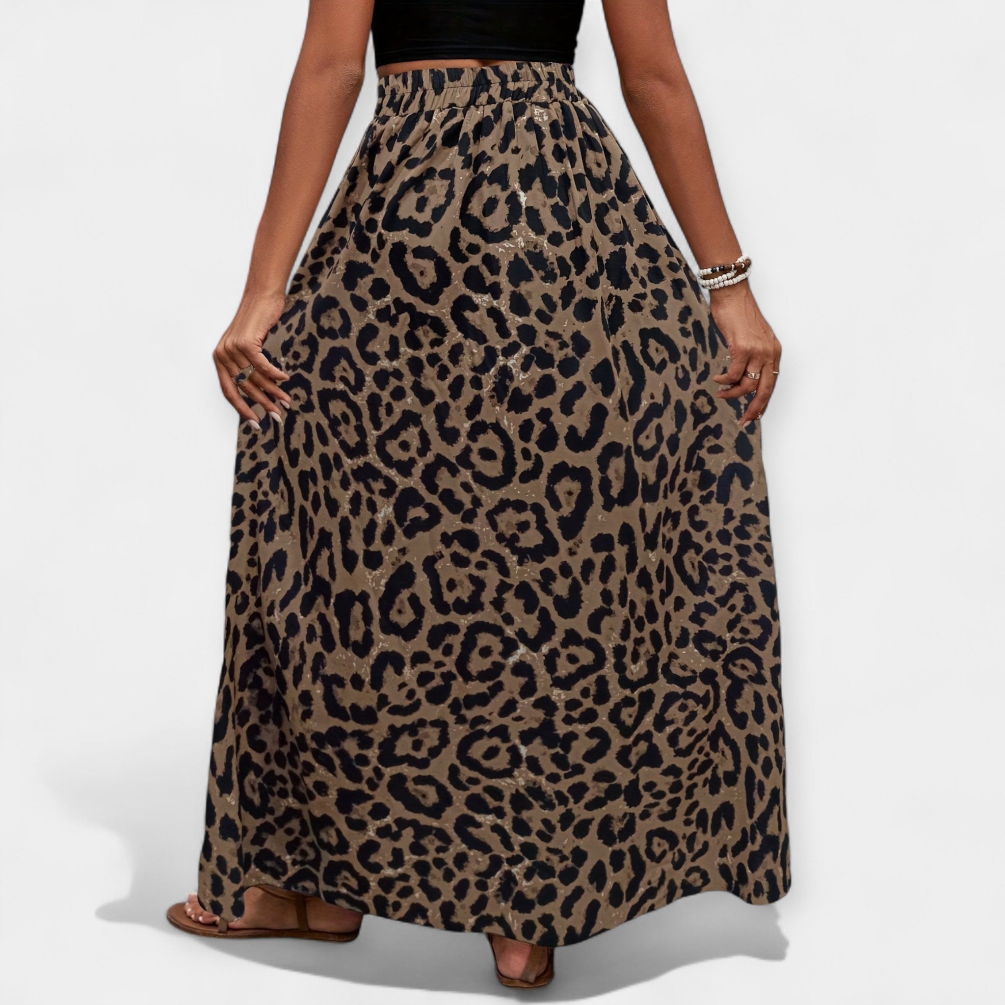 Leopard-print midi skirt with full A-line shape and elastic waistband