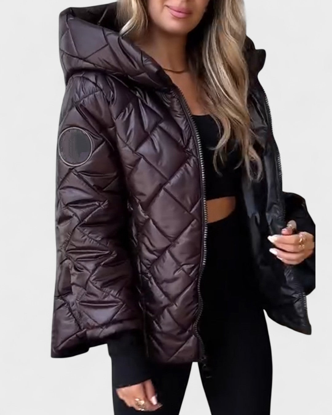 Ema dark brown quilted puffer jacket with full zip and hood, shoulder patch