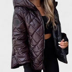 Ema dark brown quilted puffer jacket with full zip and hood, shoulder patch
