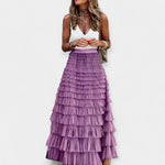 Boho mesh-trim tiered skirt in purple, stacked ruffle tiers and gathered waist