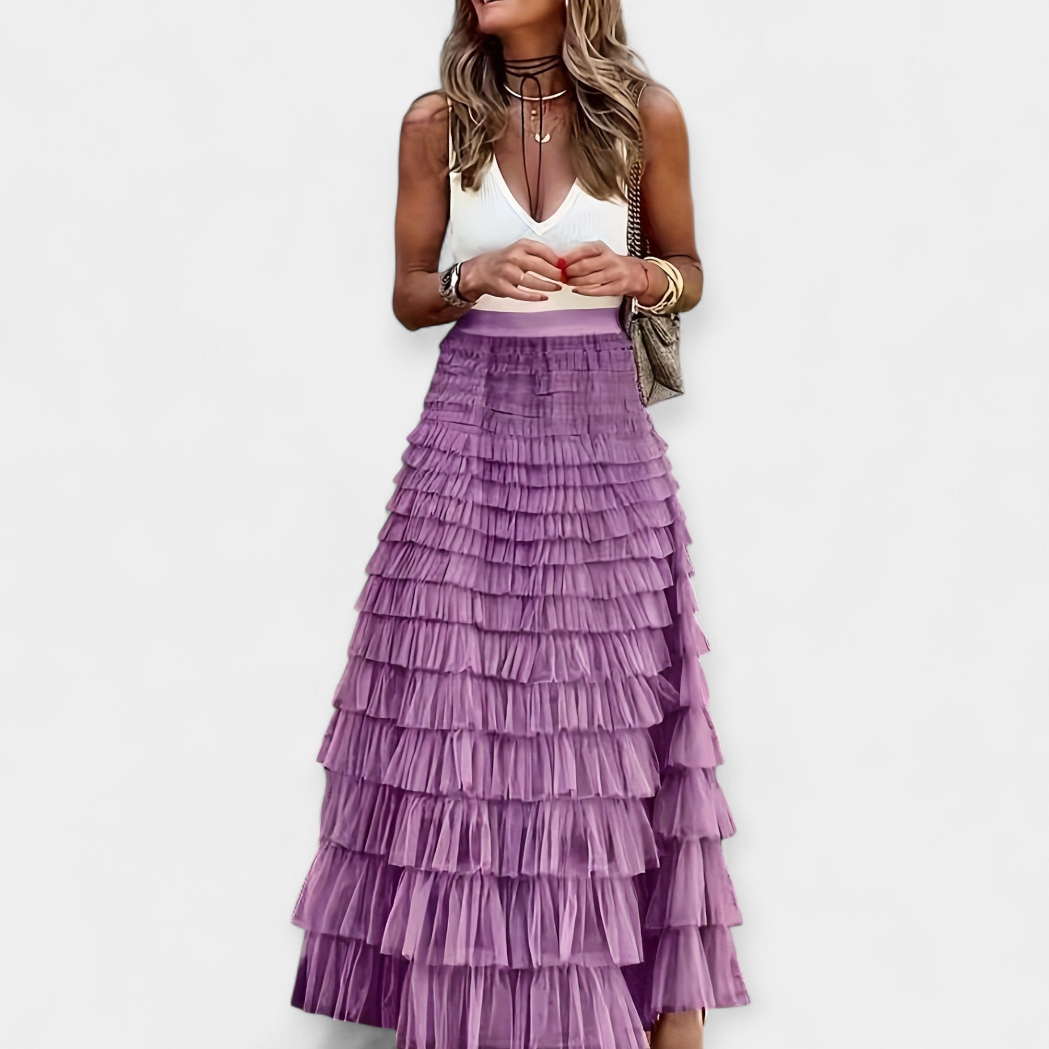Boho mesh-trim tiered skirt in purple, stacked ruffle tiers and gathered waist