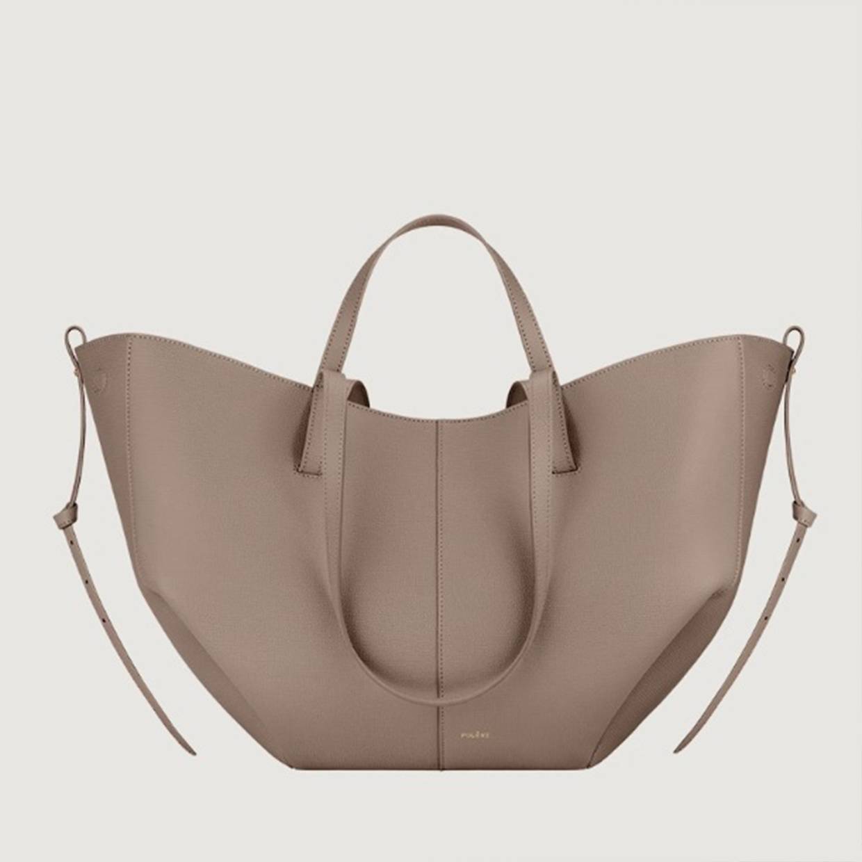Taupe leather-look hobo tote bag with top handles and side tie details