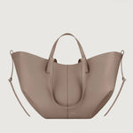 Taupe leather-look hobo tote bag with top handles and side tie details