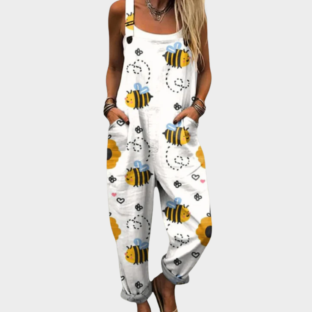 White loose bee-printed overalls with adjustable straps and wide legs