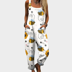 White loose bee-printed overalls with adjustable straps and wide legs