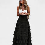 Boho mesh-trim tiered skirt in black, layered ruffle tiers and gathered waistband