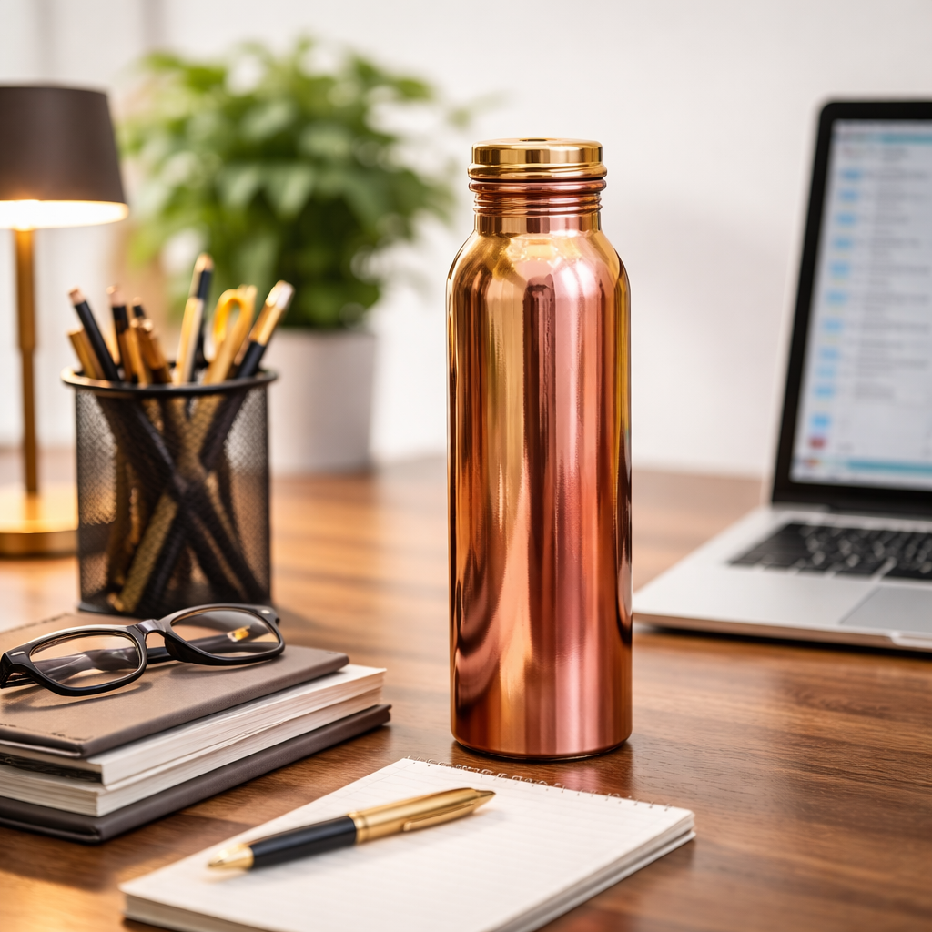 Copper water bottle with screw cap on desk