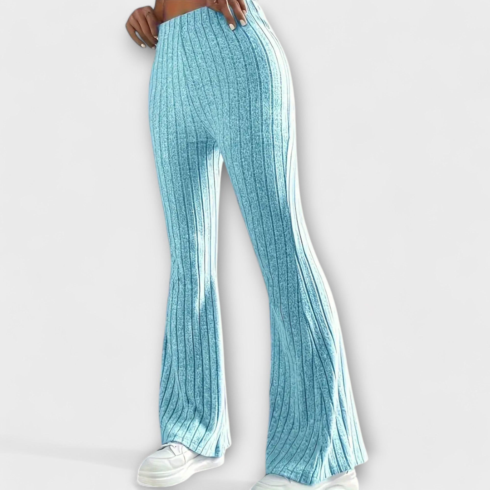 Light blue ribbed knit flared pants with high waist and wide leg