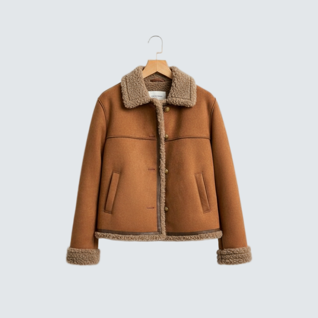 Camel suede-style coat with shearling collar, button front, and matching cuffs