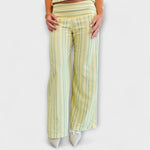 High-waist striped wide-leg pants with front pleats and vertical light yellow and pale blue stripes