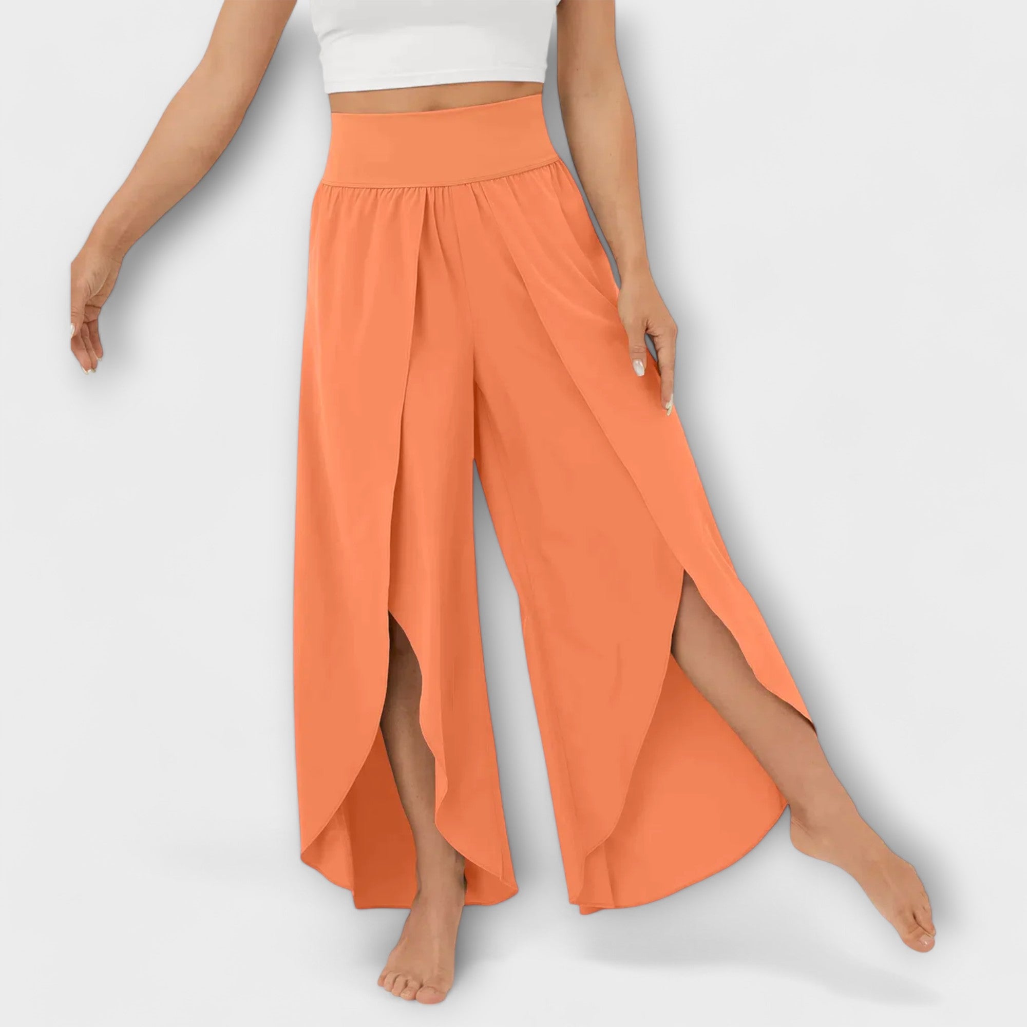 Women’s wide-leg pants with elastic waist, orange, long side slit draped hem