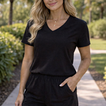 Black cotton V-neck short-sleeve shirt and matching drawstring shorts, casual set