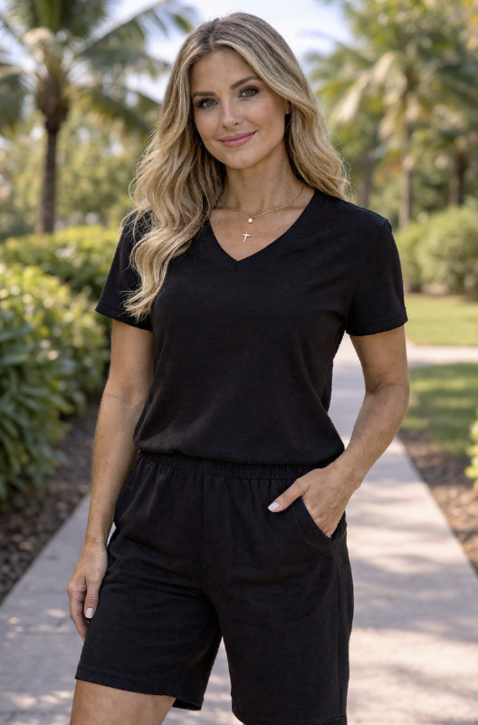 Black cotton V-neck short-sleeve shirt and matching drawstring shorts, casual set