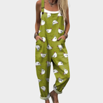 Loose printed overalls, green with animal face print and adjustable shoulder straps