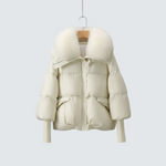 Cream puffer jacket with faux fur collar, zip front, flap pockets.