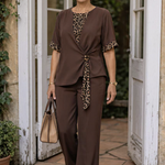 Brown two-piece pantsuit with V-neck top and leopard-print tie detail