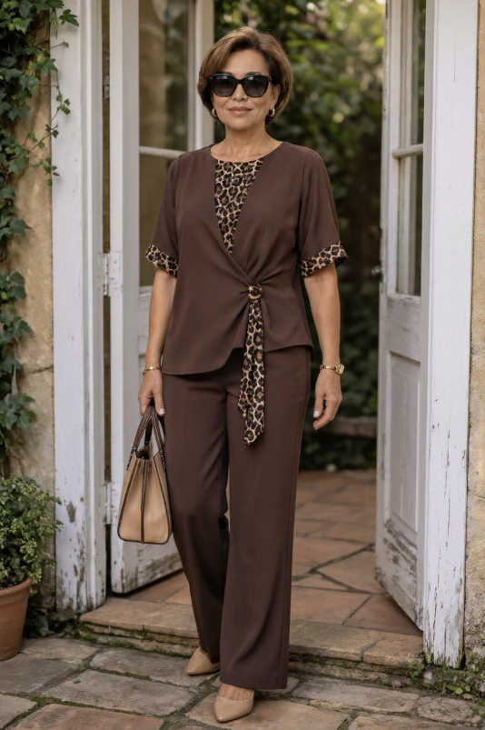 Brown two-piece pantsuit with V-neck top and leopard-print tie detail