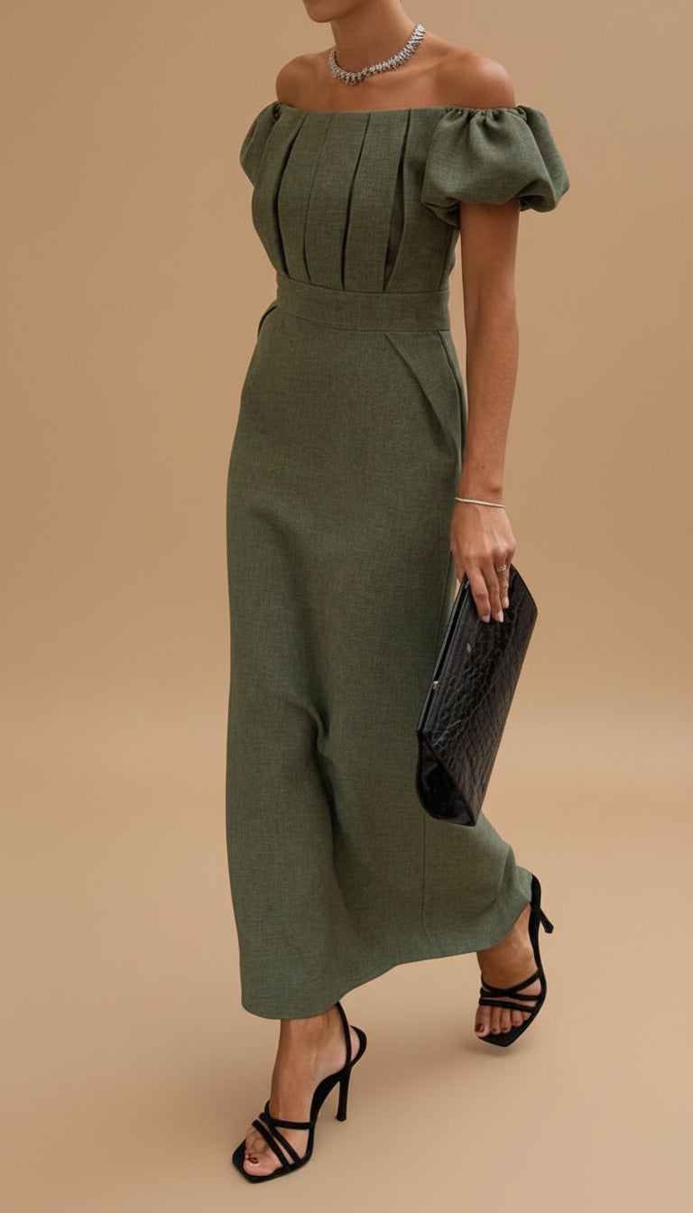 JASMINE olive green midi dress with puff sleeves and fitted waist seam