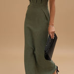 JASMINE olive green midi dress with puff sleeves and fitted waist seam