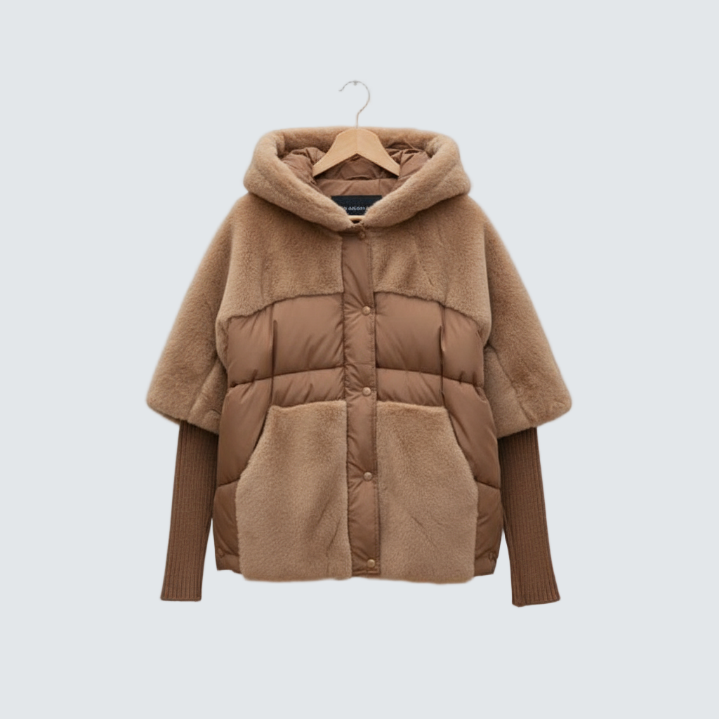 Tan hooded puffer jacket with sherpa trim, front zipper, and patch pockets