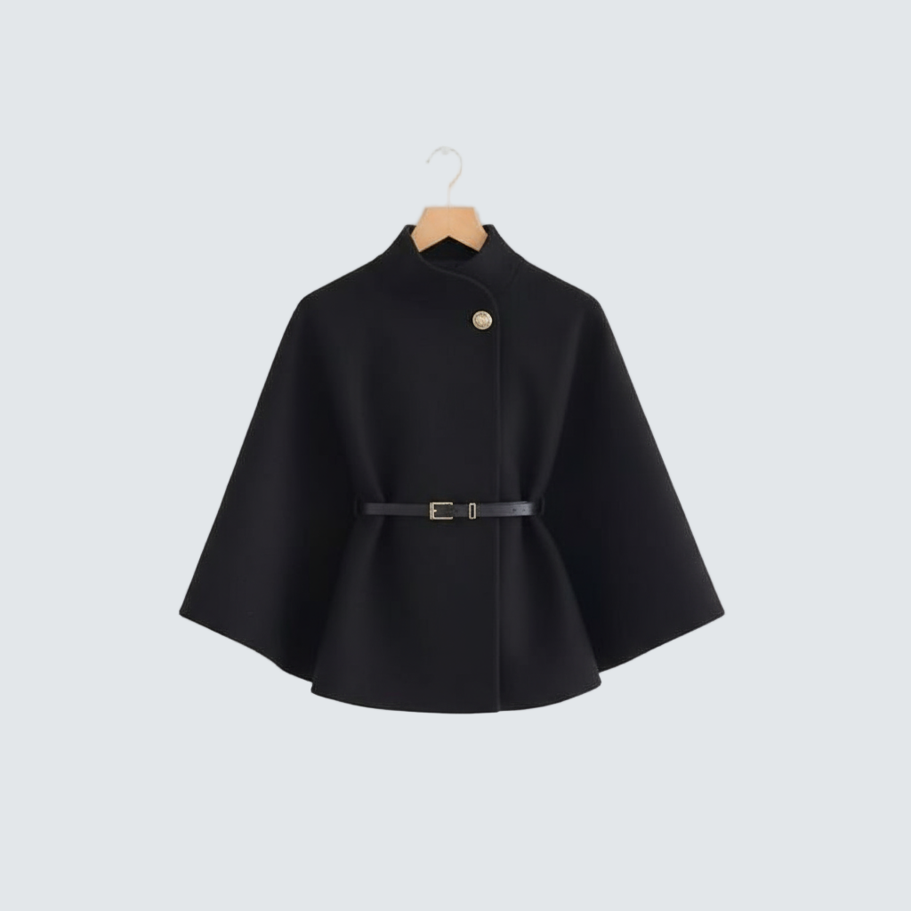 Black cape-style coat with high neck, button closure, and waist belt