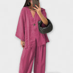 Two-layer V-neck top and wide-leg pants set, pink button-front blouse