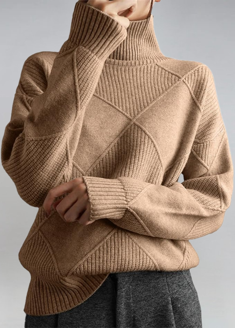 Taupe high-neck sweater with ribbed turtleneck and diagonal knit panel detail.