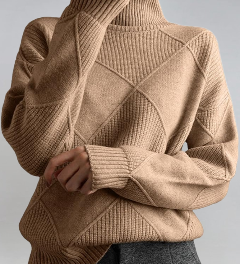 Taupe high-neck sweater with ribbed turtleneck and diagonal knit panel detail.