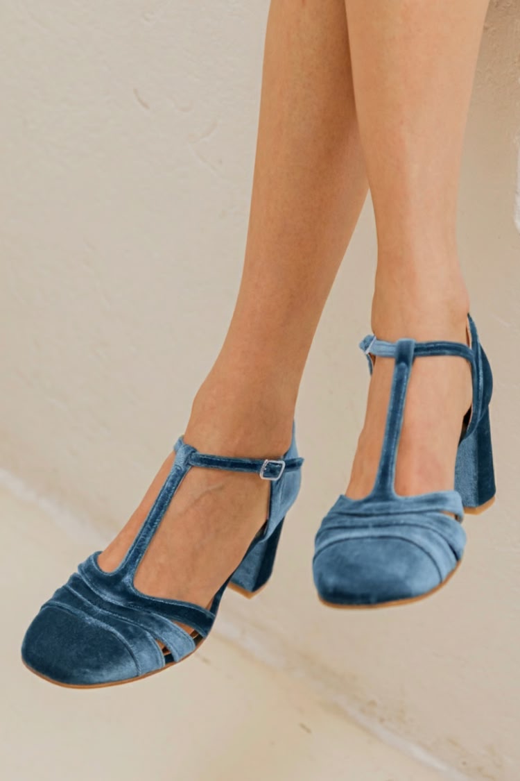 Blue suede T-strap heeled sandal with buckled ankle strap