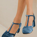 Blue suede T-strap heeled sandal with buckled ankle strap