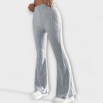 Grey ribbed knit flared pants with high waist and wide leg