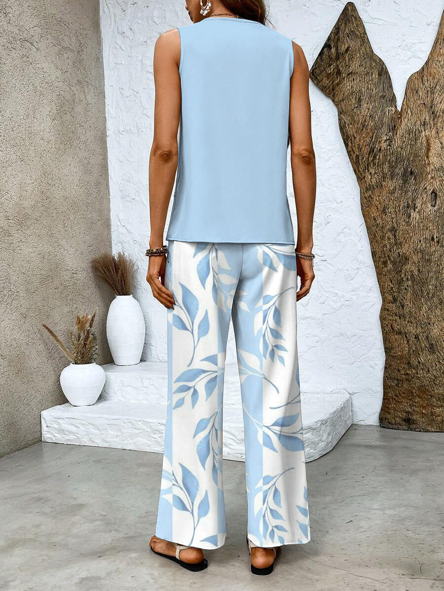 Light blue sleeveless top and wide-leg pants set with leaf print, back view
