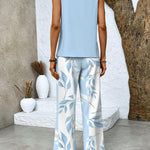 Light blue sleeveless top and wide-leg pants set with leaf print, back view