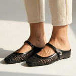 Sophia square-toe loafers in black mesh, low flat sole, front strap with button