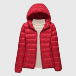 Lightweight puffer jacket with hood, red zip front, ribbed knit cuffs