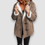 Taupe brown hooded winter jacket with soft sherpa lining and toggle front