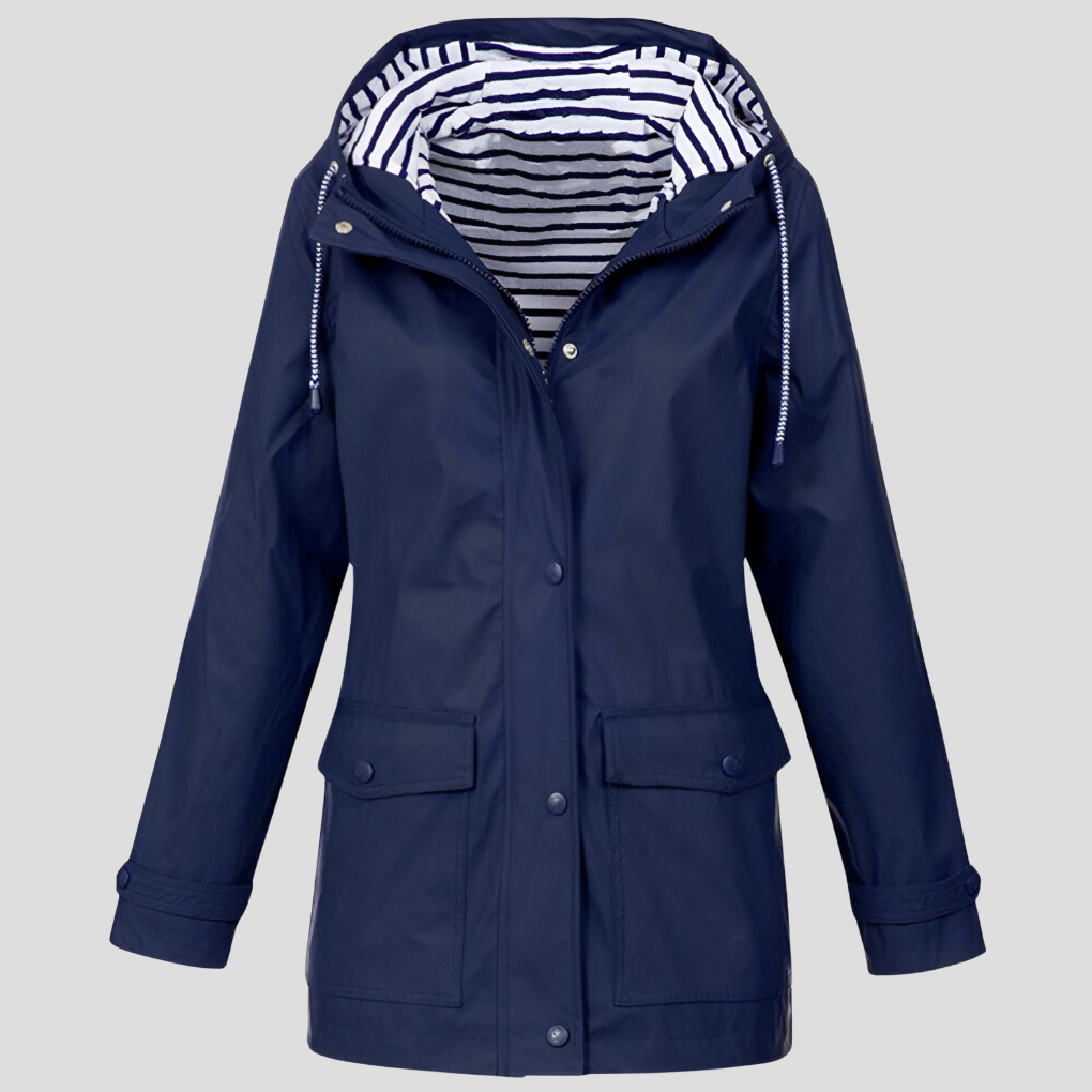 Navy hooded loose-fit jacket with drawstring, button front, flap pockets
