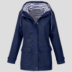 Navy hooded loose-fit jacket with drawstring, button front, flap pockets