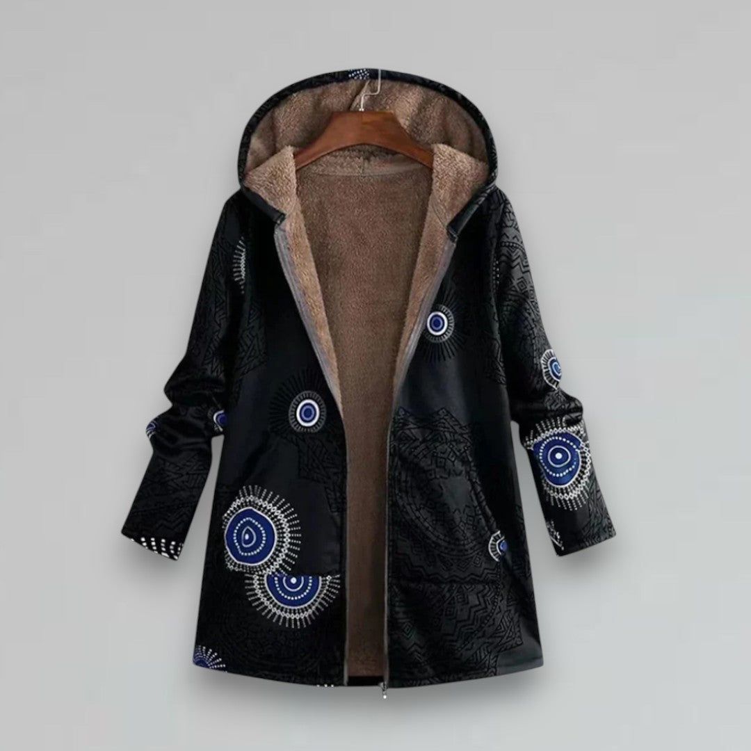 Boho winter jacket, hooded black with blue circular embroidery and zip front