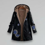 Boho winter jacket, hooded black with blue circular embroidery and zip front