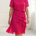 Pink layered short-sleeve chiffon dress with tiered ruffle skirt