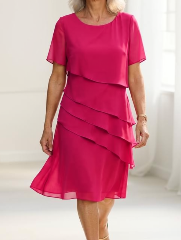 Pink layered short-sleeve chiffon dress with tiered ruffle skirt