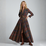 Red and navy plaid belted maxi shirt dress with long sleeves and front buttons