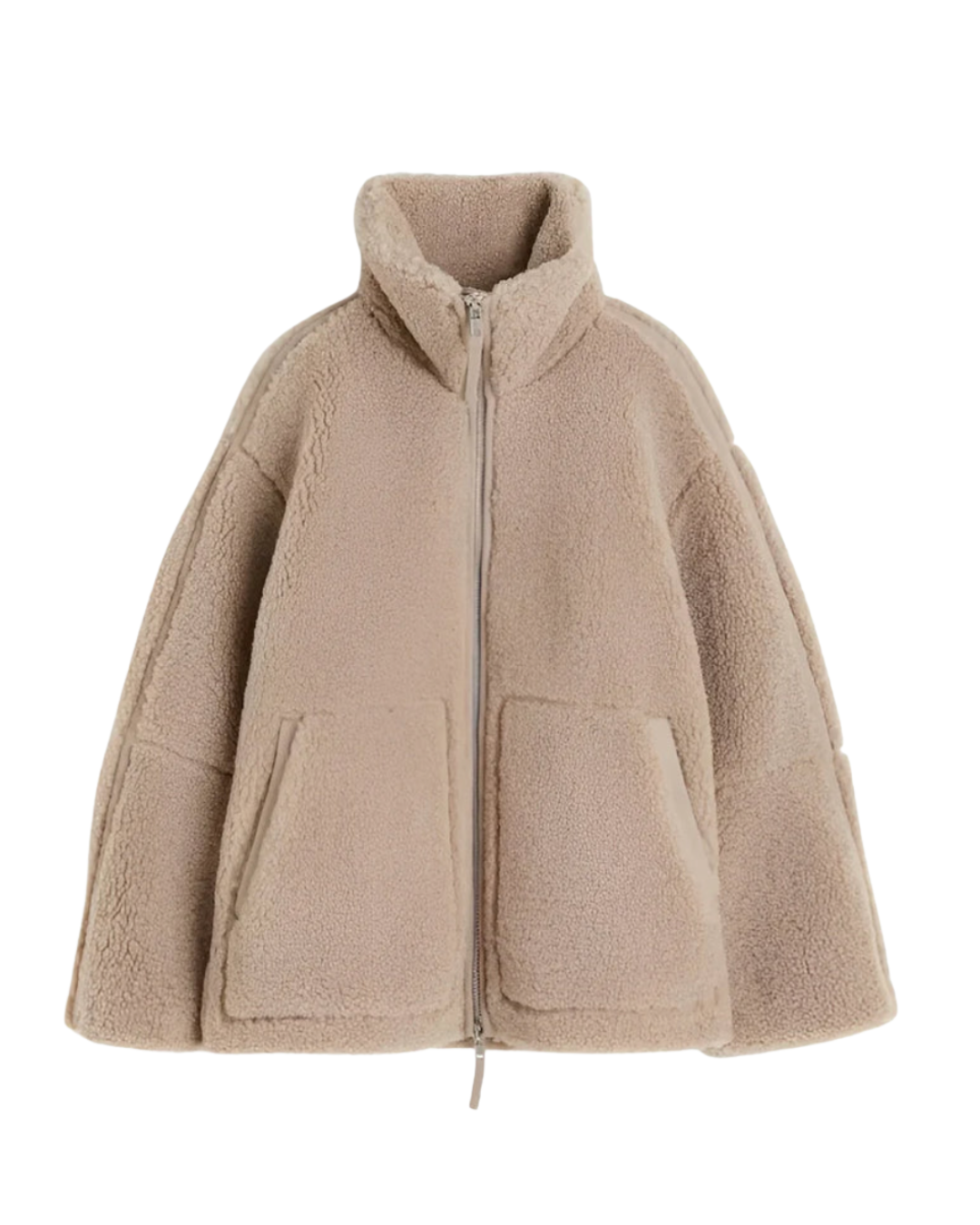 Beige sherpa zip-up winter jacket with stand collar and two front flap pockets