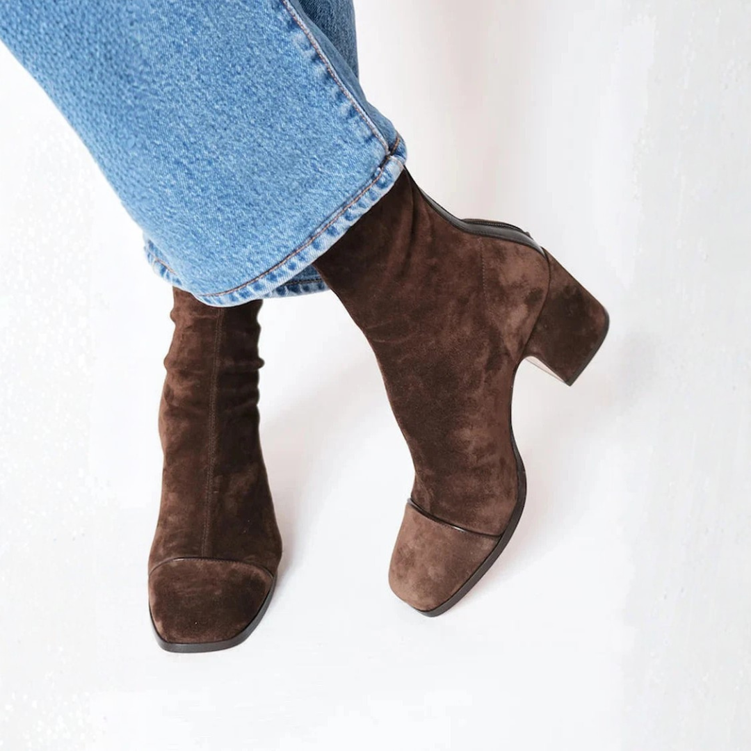 Anna brown suede mid-calf heeled boots, side view, pull-on with rounded toe