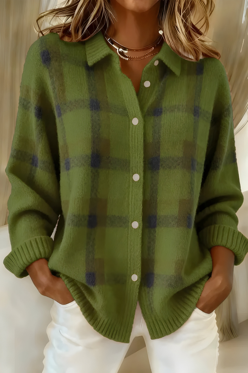 Green plaid knit cardigan with button-front, V-neck collar, long sleeves.