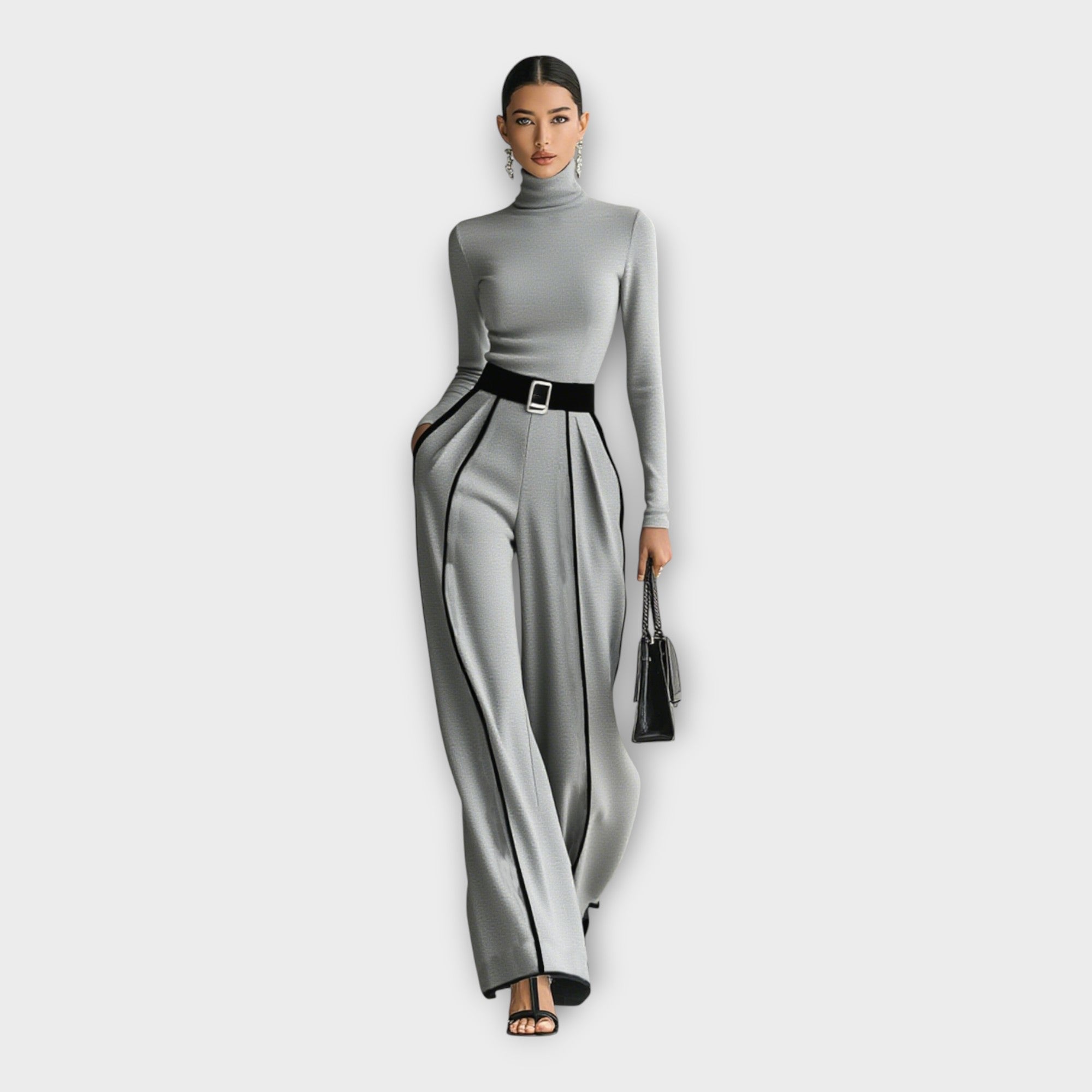 Women's turtleneck jumpsuit in light gray with contrast piping, belt, and wide legs