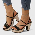 Black orthopedic heeled sandals, peep-toe, ankle strap, chunky platform heel